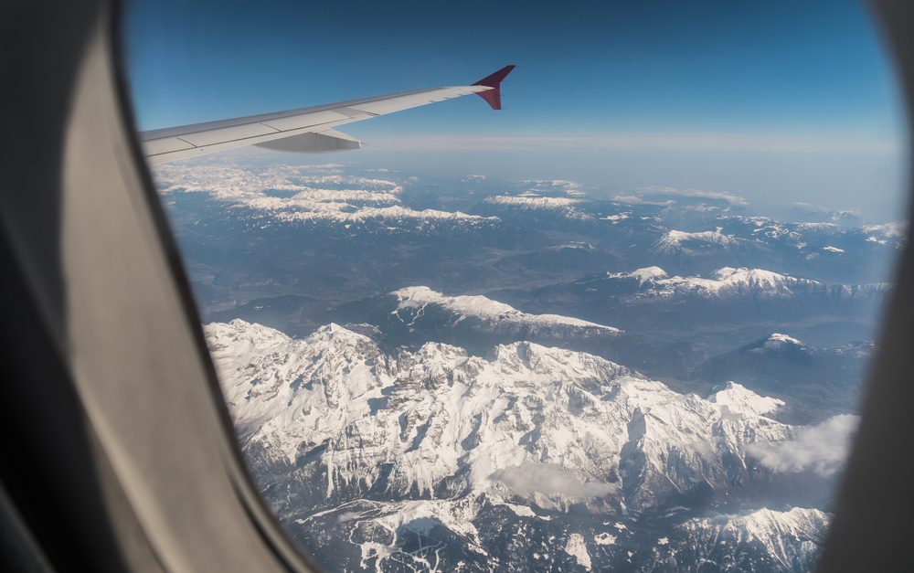 Aerial view of Alps from airplane window
