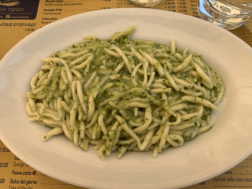 A dish of trofie al pesto in Liguria Italy