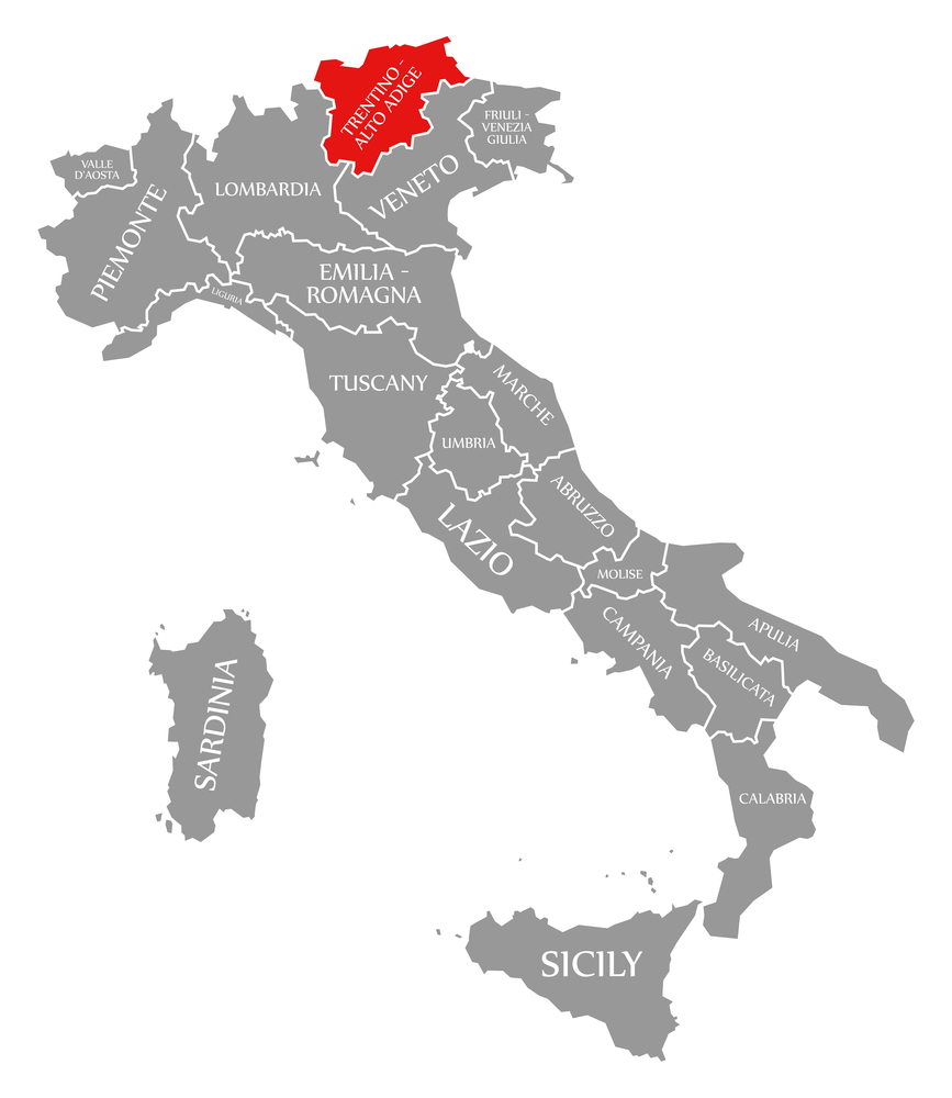 Trentino-Alto Adige red highlighted in map of Italy