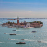 Venice lagoon aerial cityscape view from San Marco Campanile. Italy