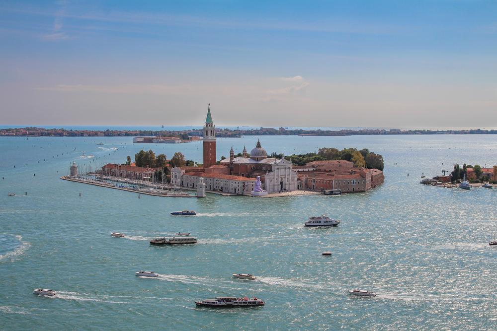 Venice lagoon aerial cityscape view from San Marco Campanile. Italy