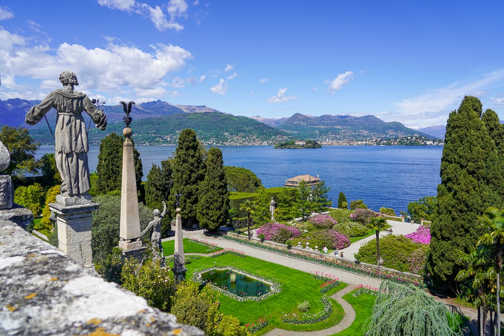 statues and gardens of Isola Bella with Lake Maggiore in the background