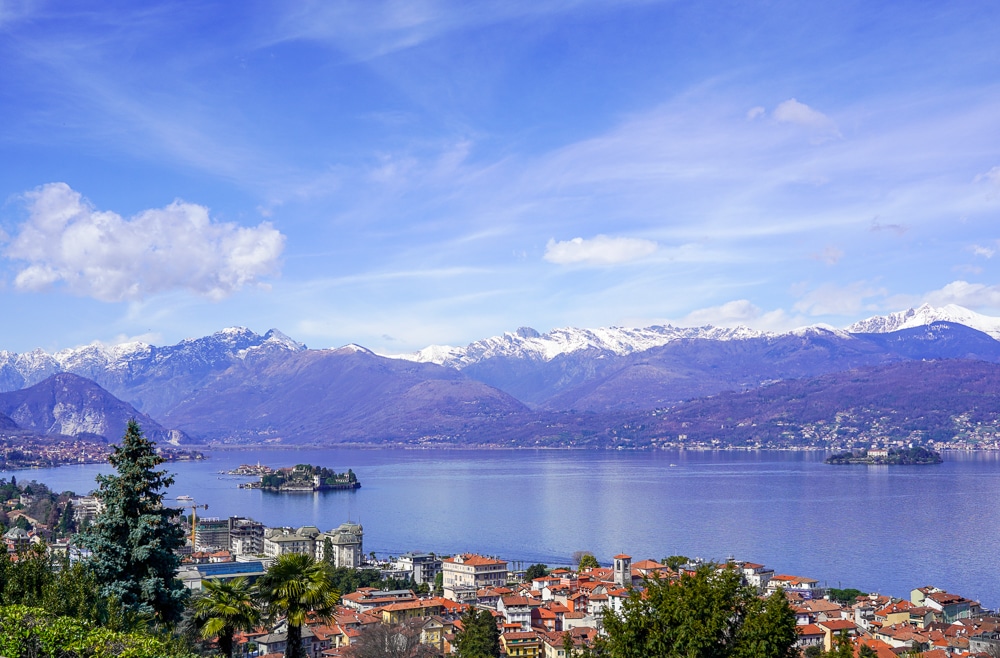 overlooking Lake Maggiore with the Borromean Islands and the Alpine foothills in the background