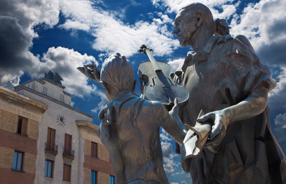 CREMONA, ITALY - The bronze statue of Antonio Stradivari by Floriano Bodini