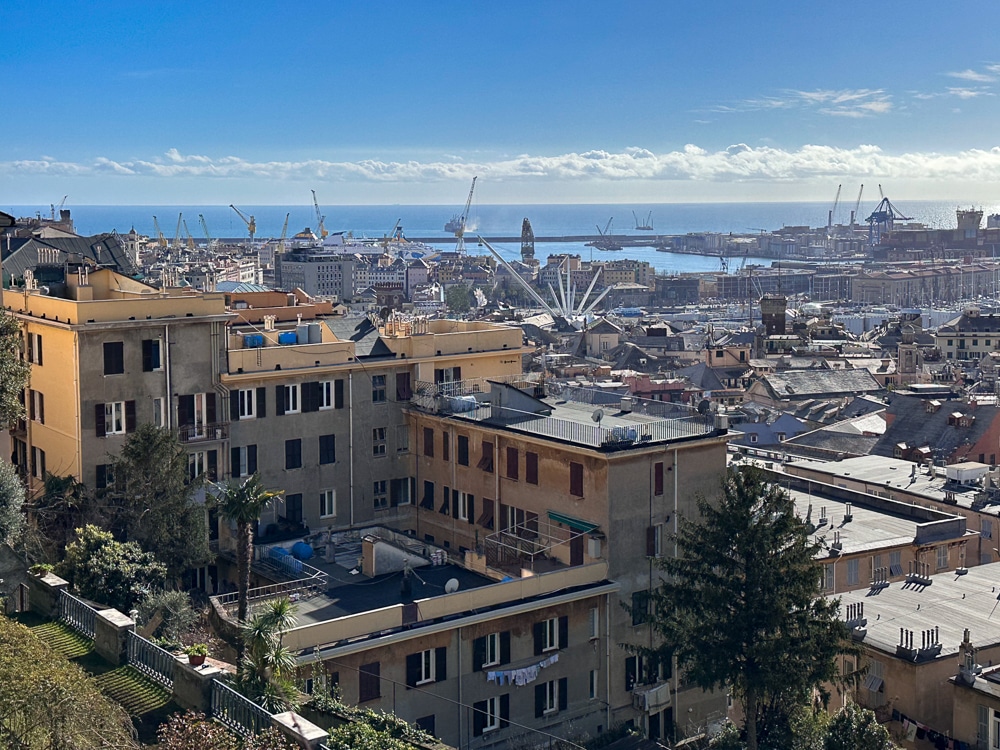 view from above overlooking Genoa Italy and the Mediterranean Sea