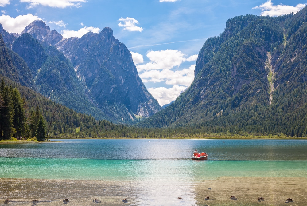 Pedal Boat on Lake dobbiaco, in Dolomites mountain, Italy, Sudtirol