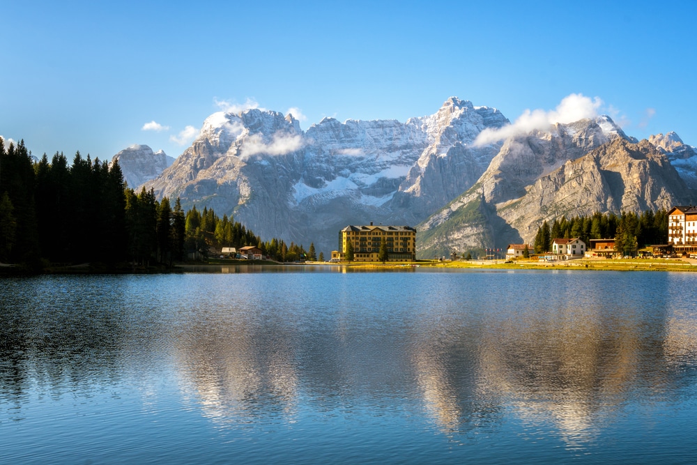 Breathtaking landscape of Lake Misurina with Dolomites mountain in background, Italy. Panoramic nature landscape of travel destination in Eastern Dolomites in Italy.