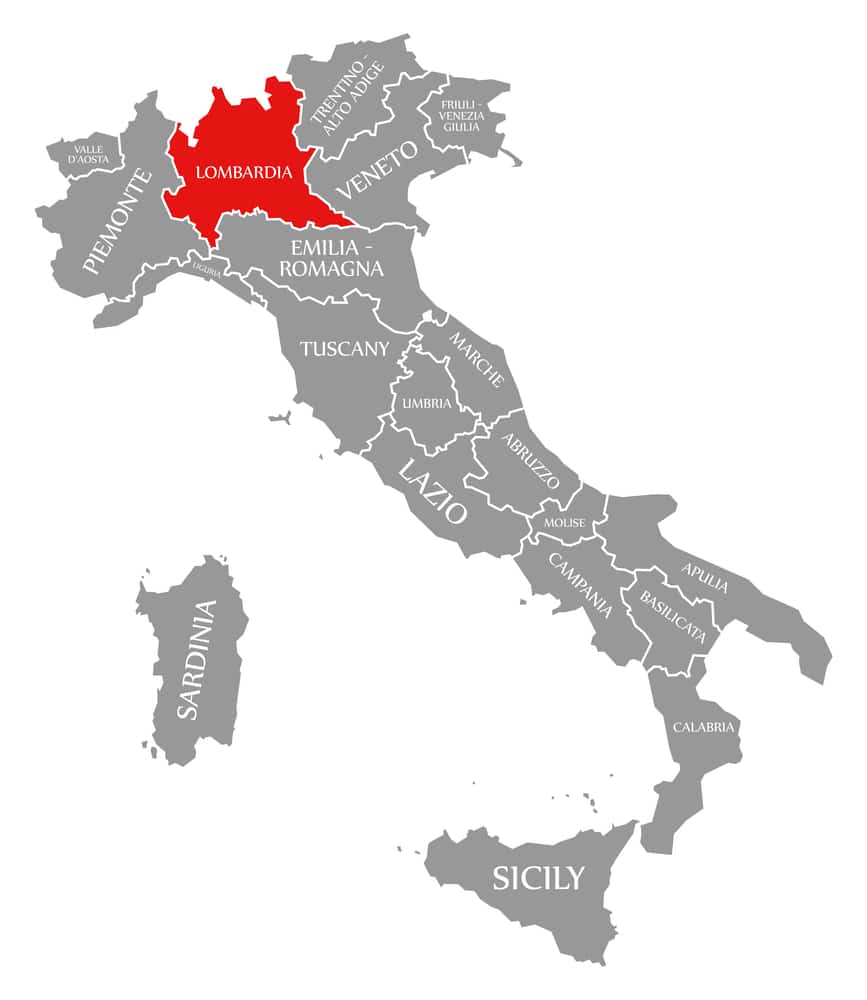 map of italy with all the regions in gray with their names, except the region of Lombardy in northern italy. This region is highlighted in red.