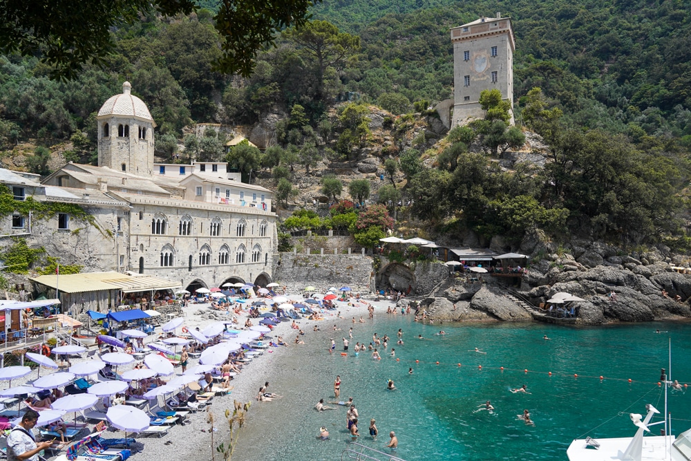 San Fruttuoso Cove with an ancient abbey and turquoise water Liguria Italy