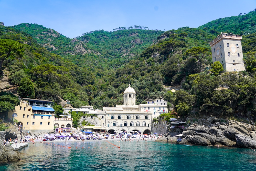 San Fruttuoso Liguria Italy - Cove beach with an ancient Abbey and turquoise water