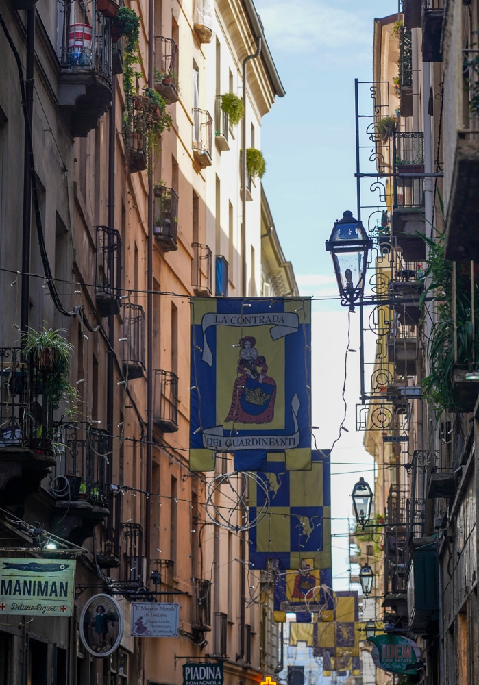 Quadrilatero area of Turin Italy with banners flying overhead