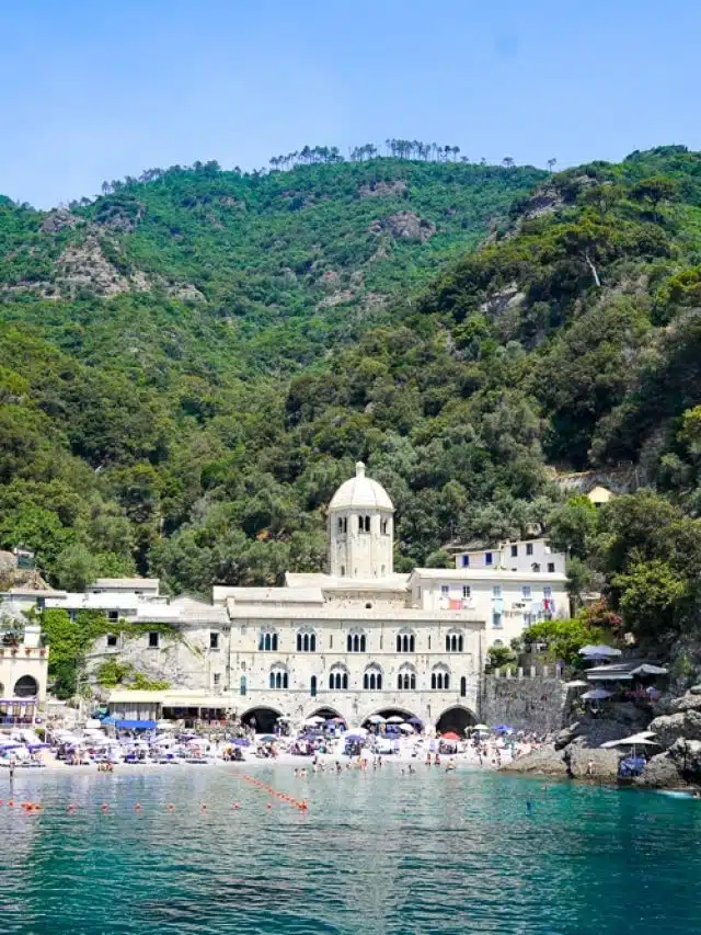 San Fruttuoso Liguria Italy - Cove beach with an ancient Abbey and turquoise water