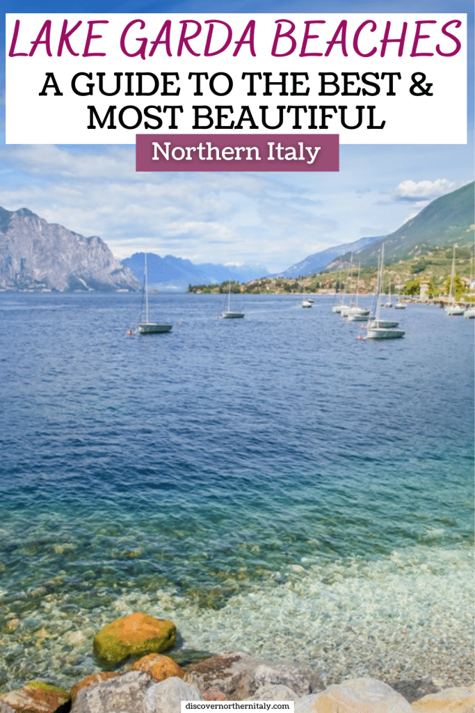 A picturesque view of Lake Garda Italy, featuring crystal-clear waters and sun-kissed shores at one of Lake Garda's beaches, a top summer destination in the Italian Lakes region of Northern Italy.
