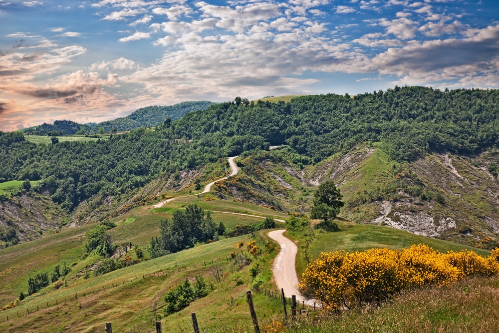 Green rolling hills of the Apennine Mountains in Emilia Romagna Italy
