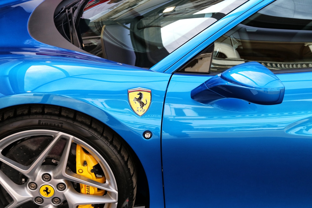closeup of a blue Ferrari