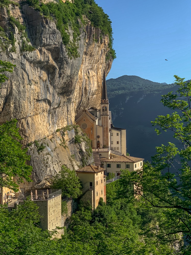 Madonna della Corona in Veneto from a distance in the early morning light