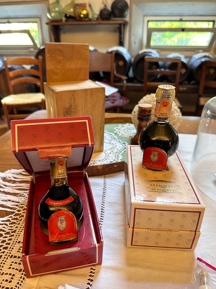 Close up of bottles of balsamic vinegar at Acetaia di Giorgio in Modena Italy
