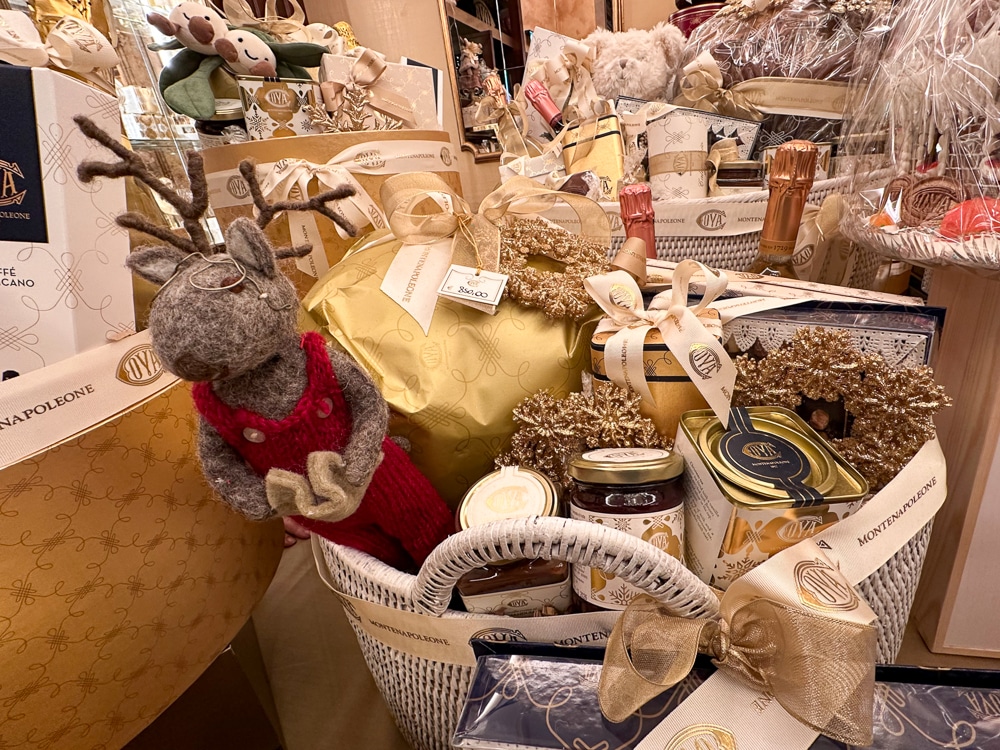 Christmas basket with panettone at Pastacceria Cova in Milan Italy