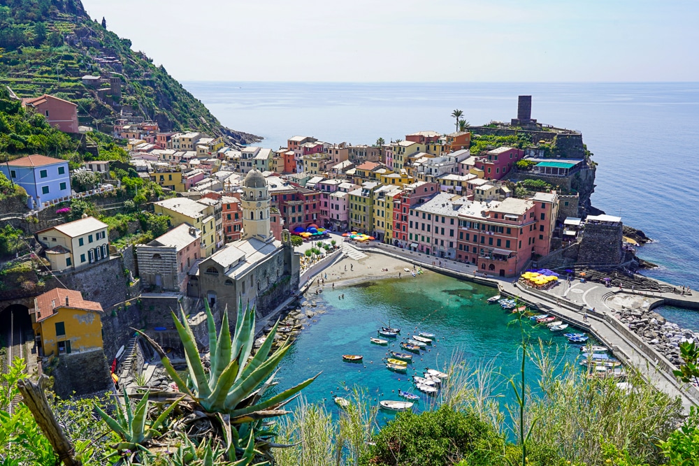 view of Vernazza in the Cinque Terre from the hiking trail above