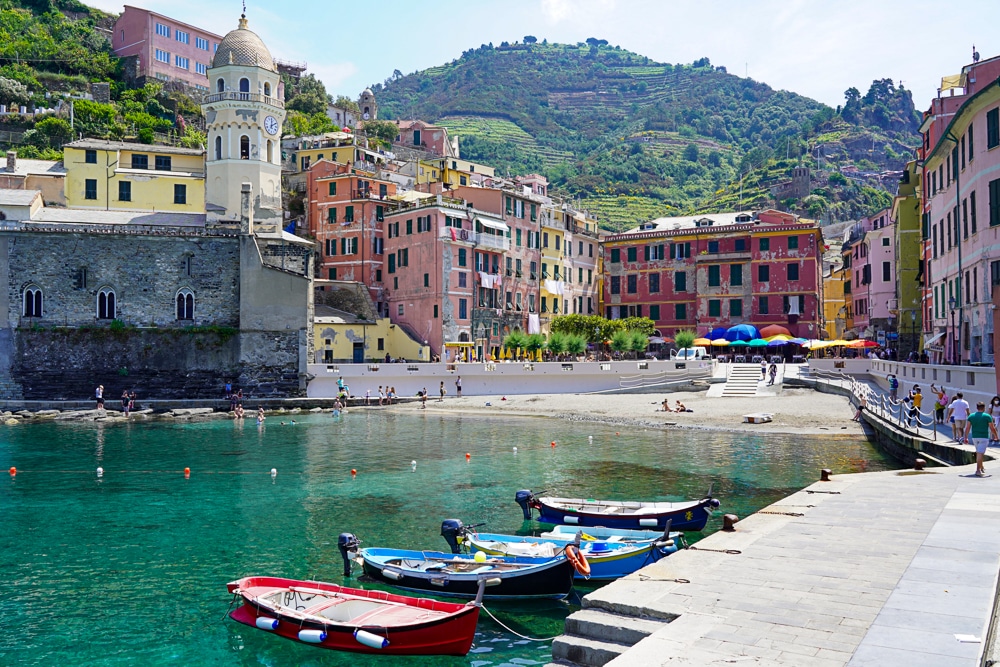 Vernazza Cinque Terre Italy, from the harbor looking back at the colorful buildings
