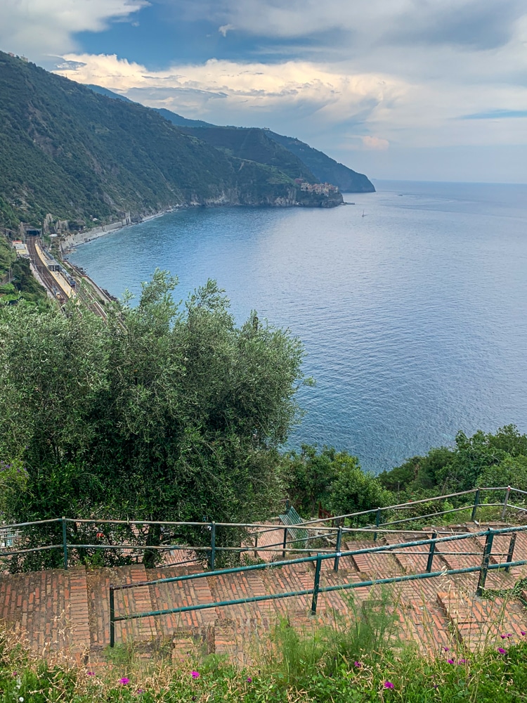 Flights of stairs overlooking the sea in Corniglia Cinque Terre Italy