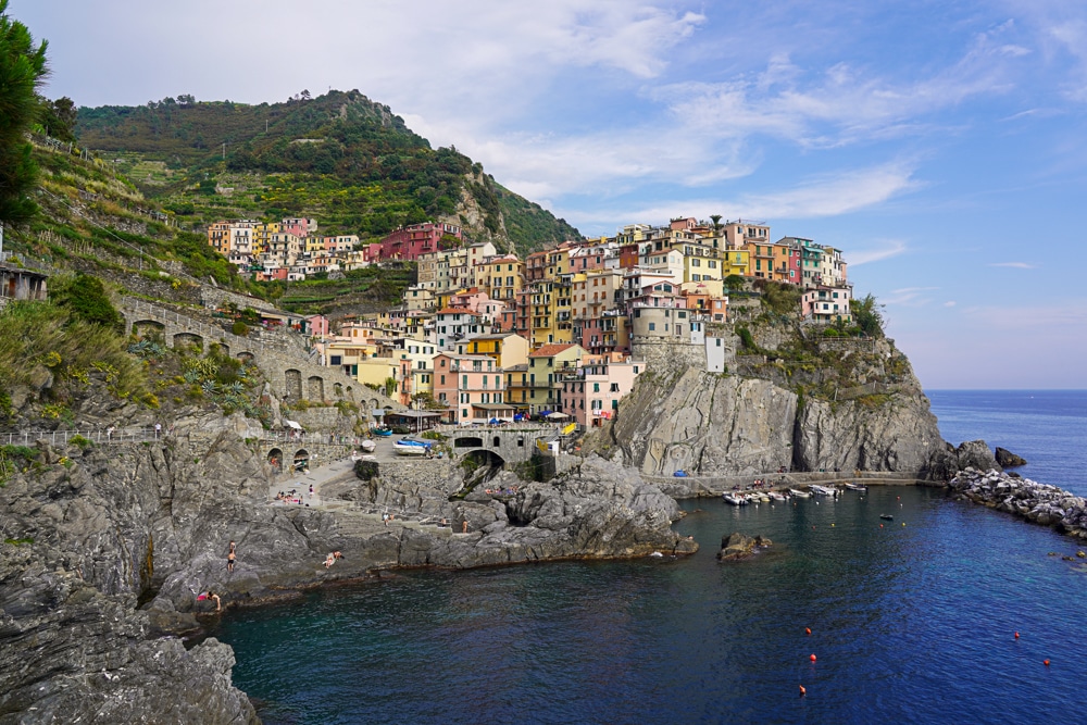 Manarola Cinque Terre Italy view overlooking the the town and the sea