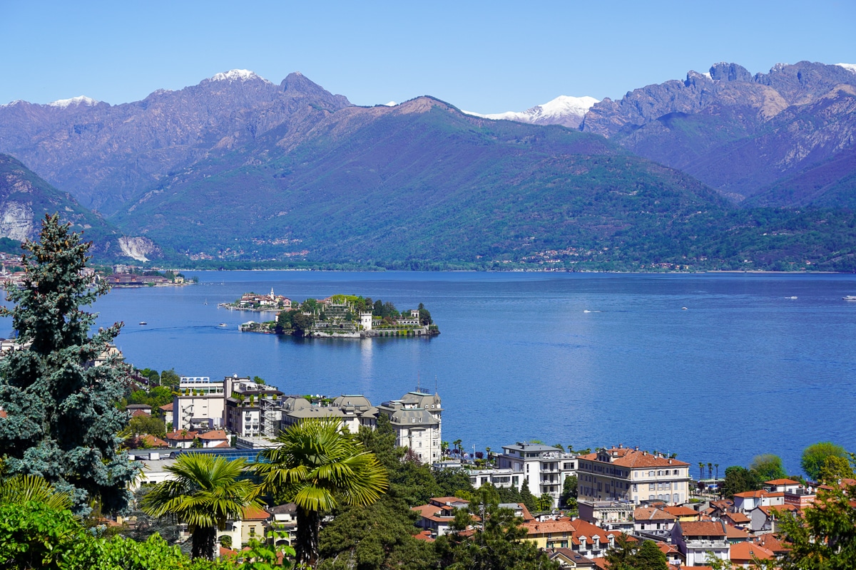 Above the town of Stresa along Lake Maggiore with the lake, mountains, and an island in the distance