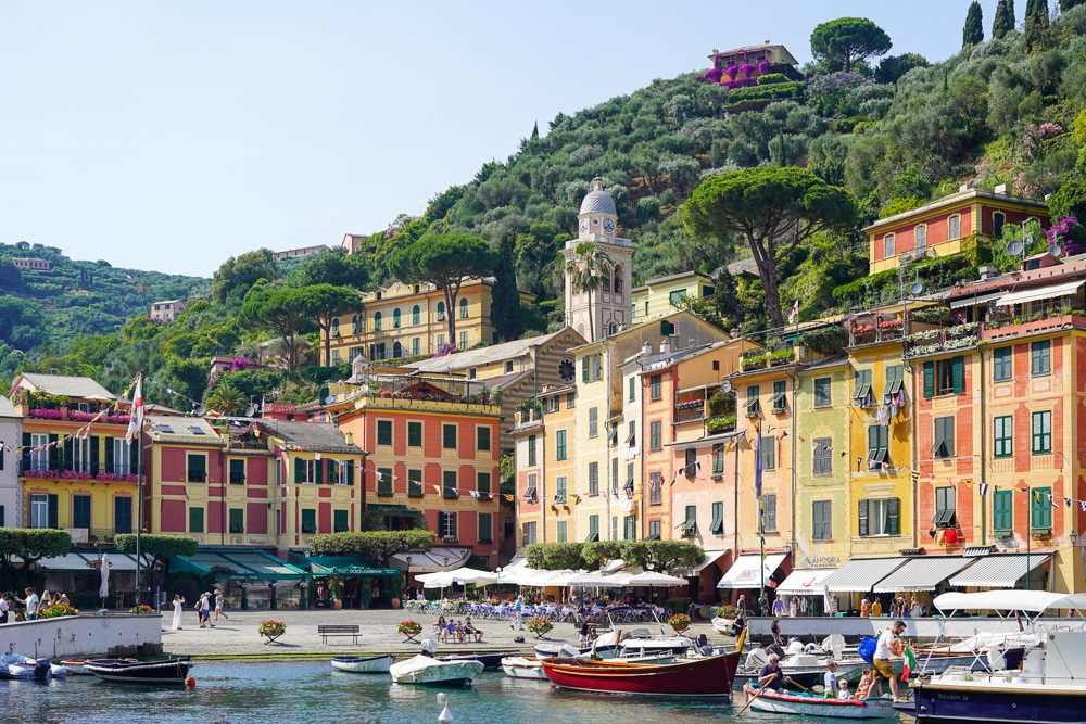 close up view of portofino harbor with colorful buildings and boats