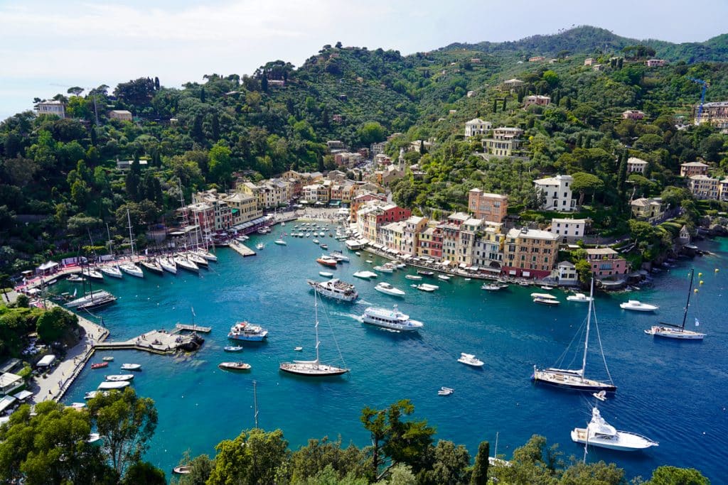 birds-eye view over Portofino Harbor in Italy