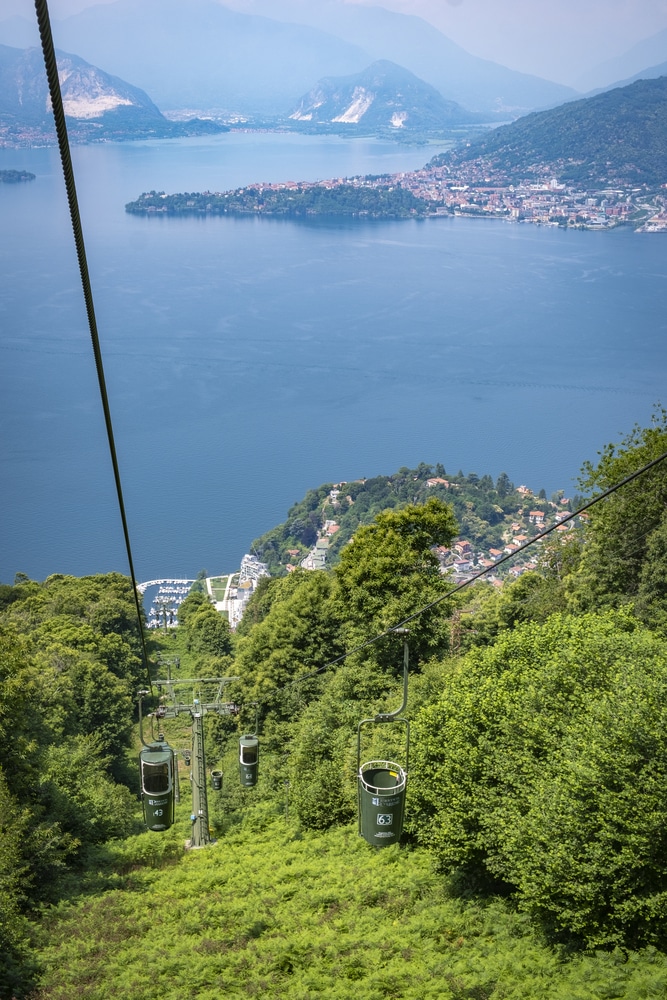 views of lake maggiore from the open air bucket gondola in Laveno-Mombello Lake Maggiore