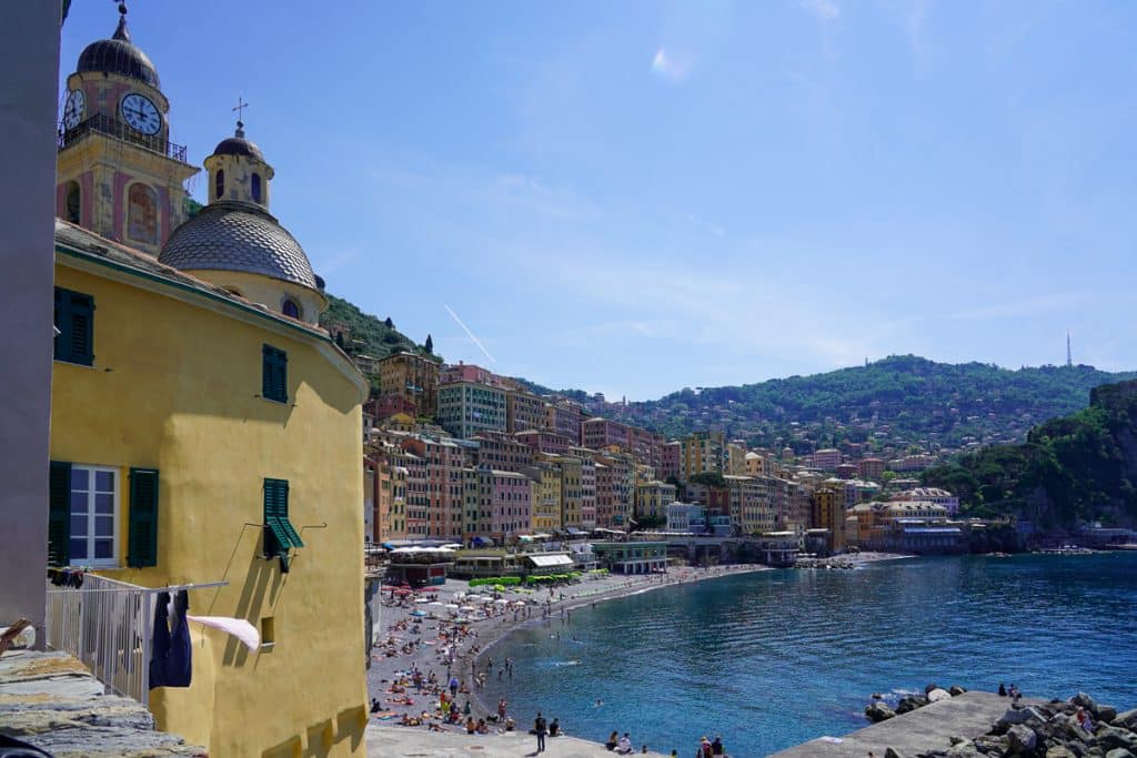 view overlooking the beach in Camogli in the Italian Riviera