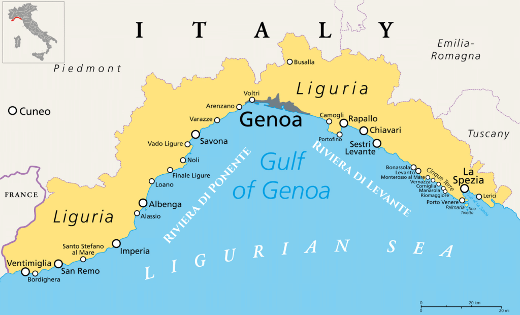 map of liguria with towns, cities, the sea, and the neighboring regions of Italy, as well as the border of France.